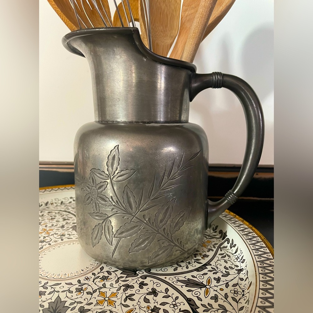 Barbour Bros Silver Co “75” Rufle Plate Floral Etched Pewter Colored Pitcher